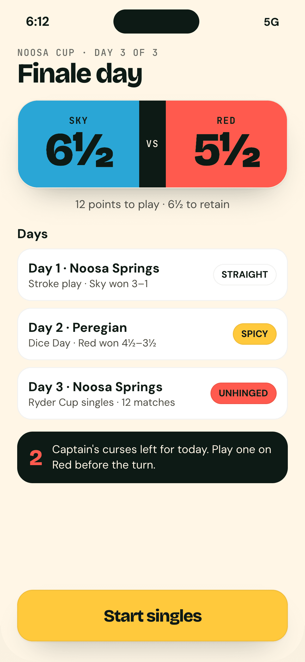 Trip hub on finale day: Sky 6½ v Red 5½