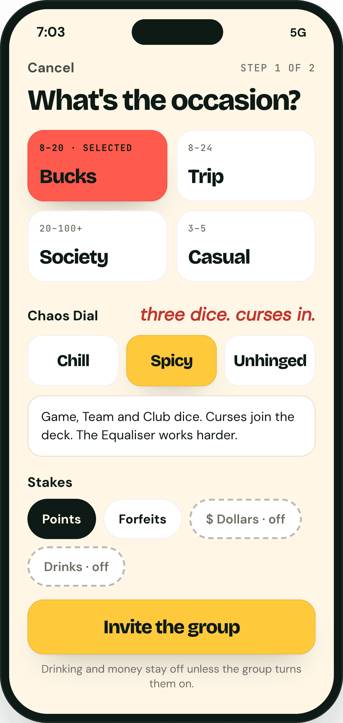 New occasion: Bucks selected, Chaos Dial on Spicy, stakes in points and forfeits