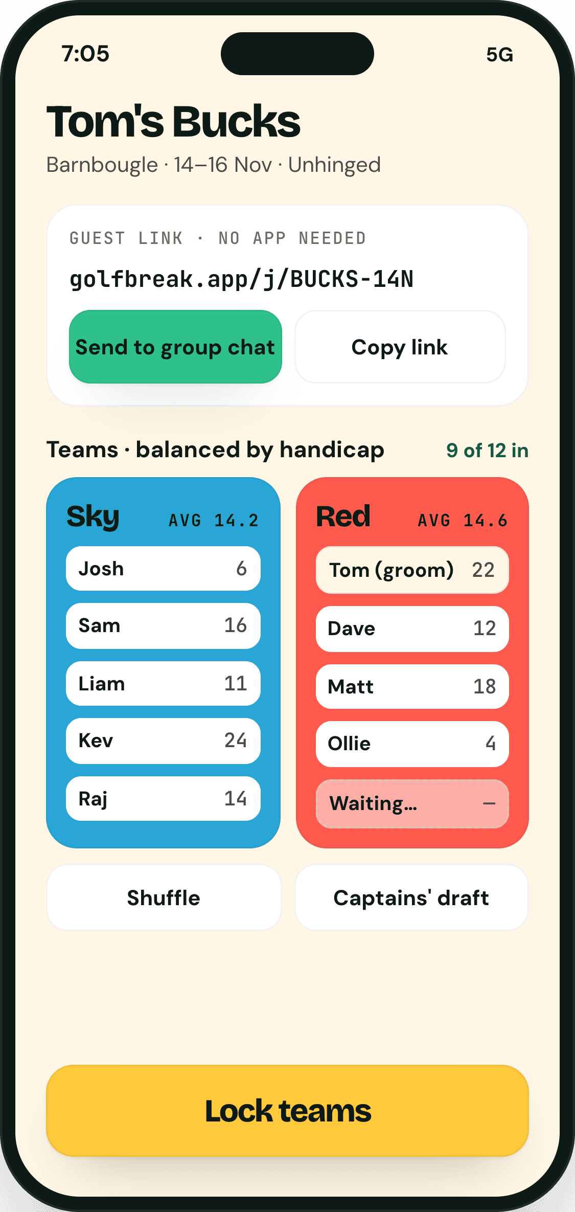 Invite and teams: guest link, Sky and Red balanced by handicap