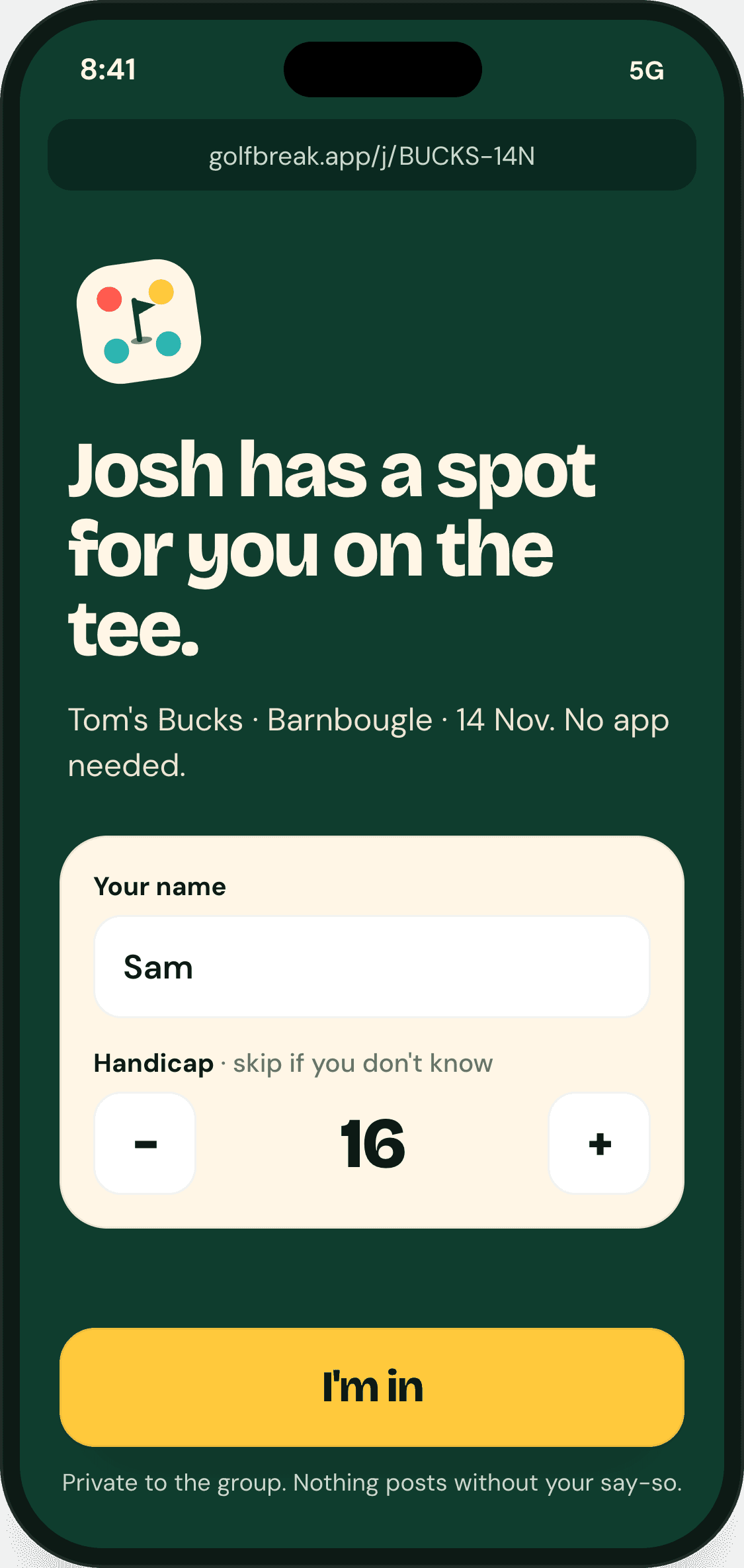 Guest join from a link: name and handicap, no app needed