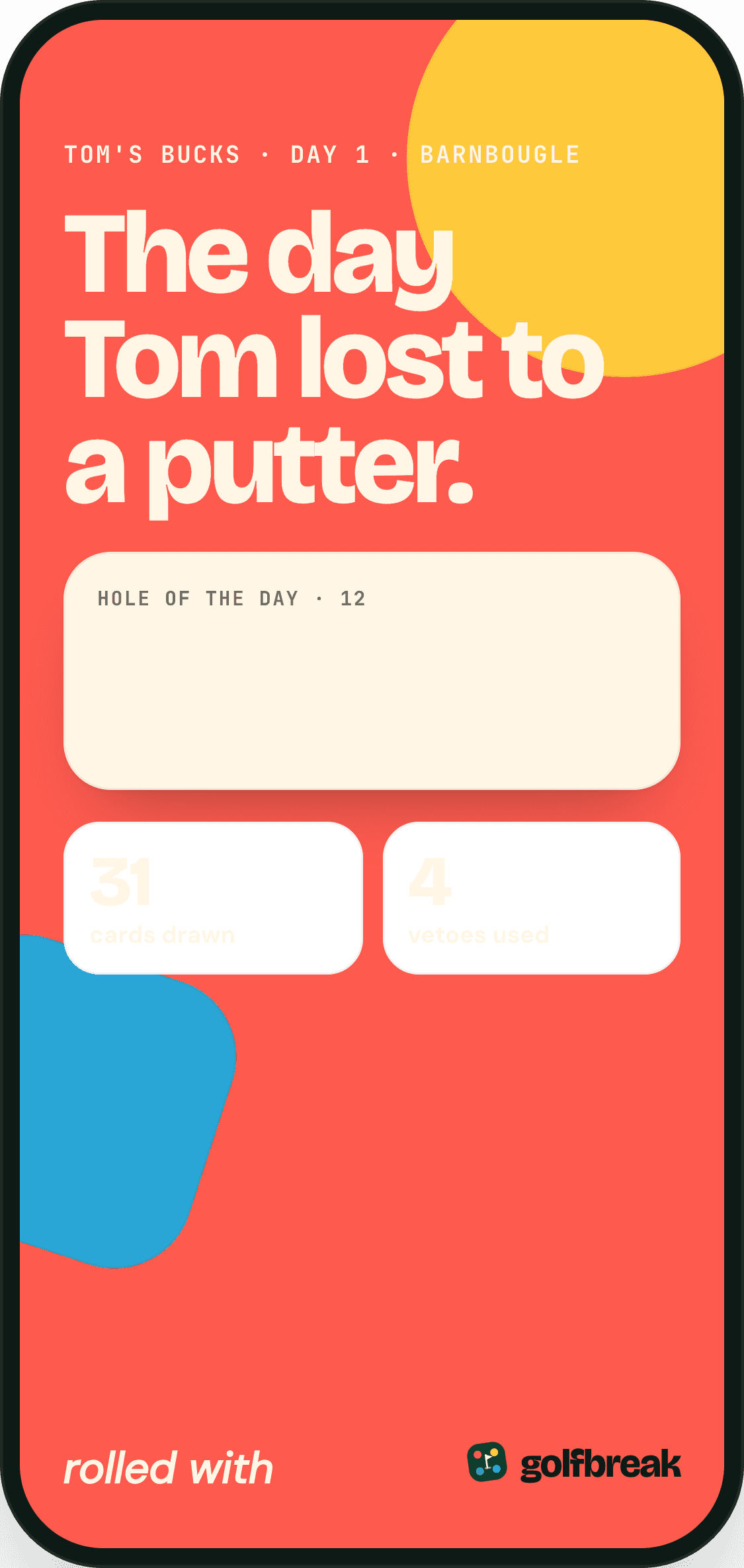 Shareable recap card: The day Tom lost to a putter