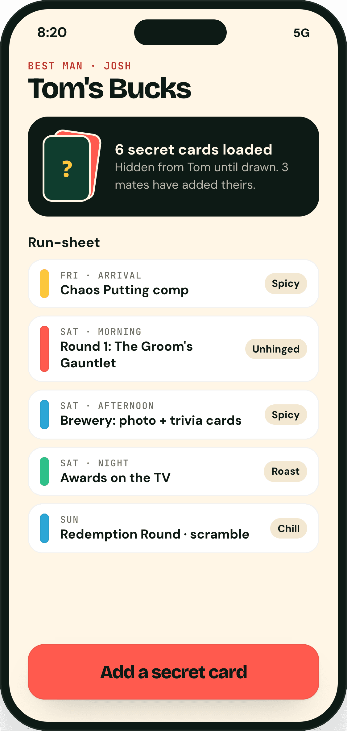 Best man console: six secret cards loaded and the weekend run-sheet