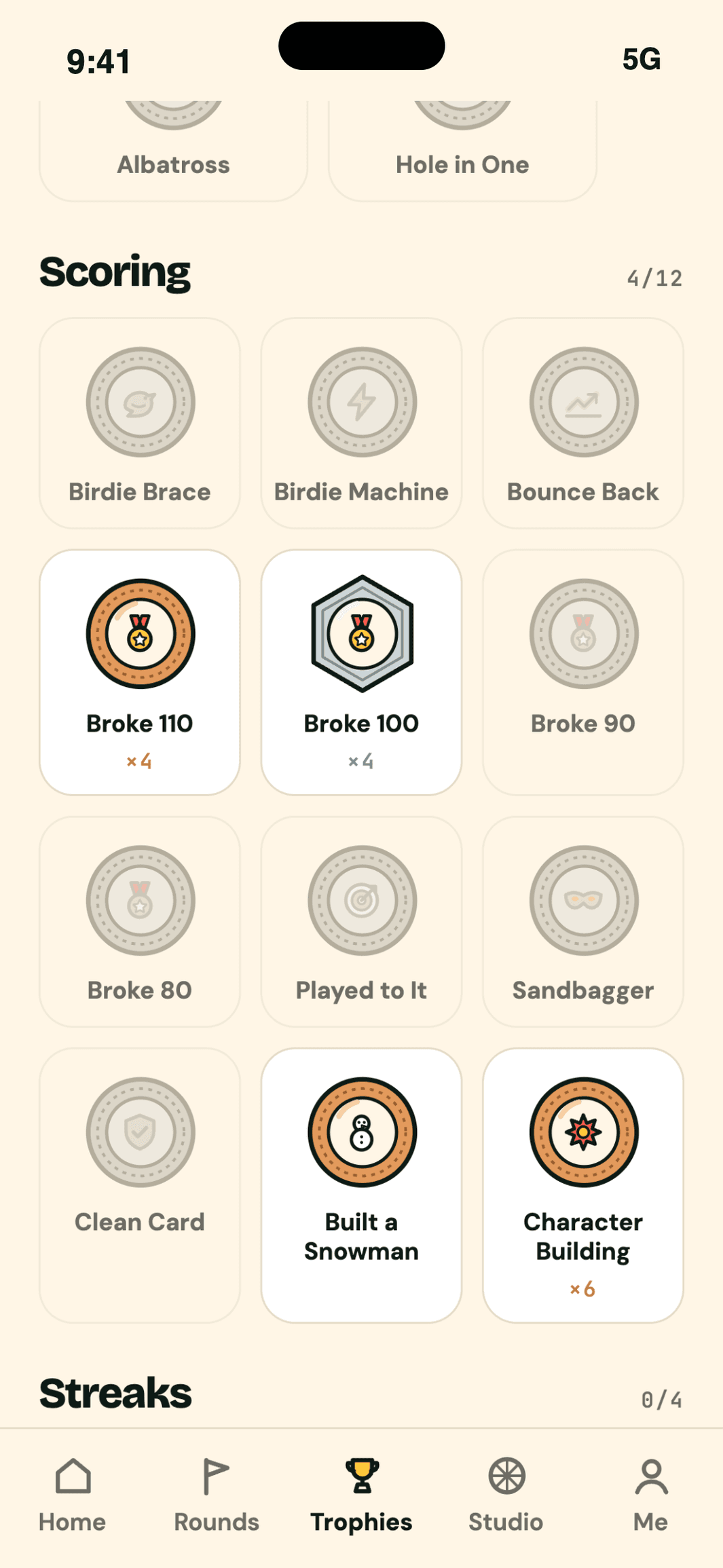 The badge cabinet: Broke 110 and Broke 100 earned four times, Built a Snowman, Character Building