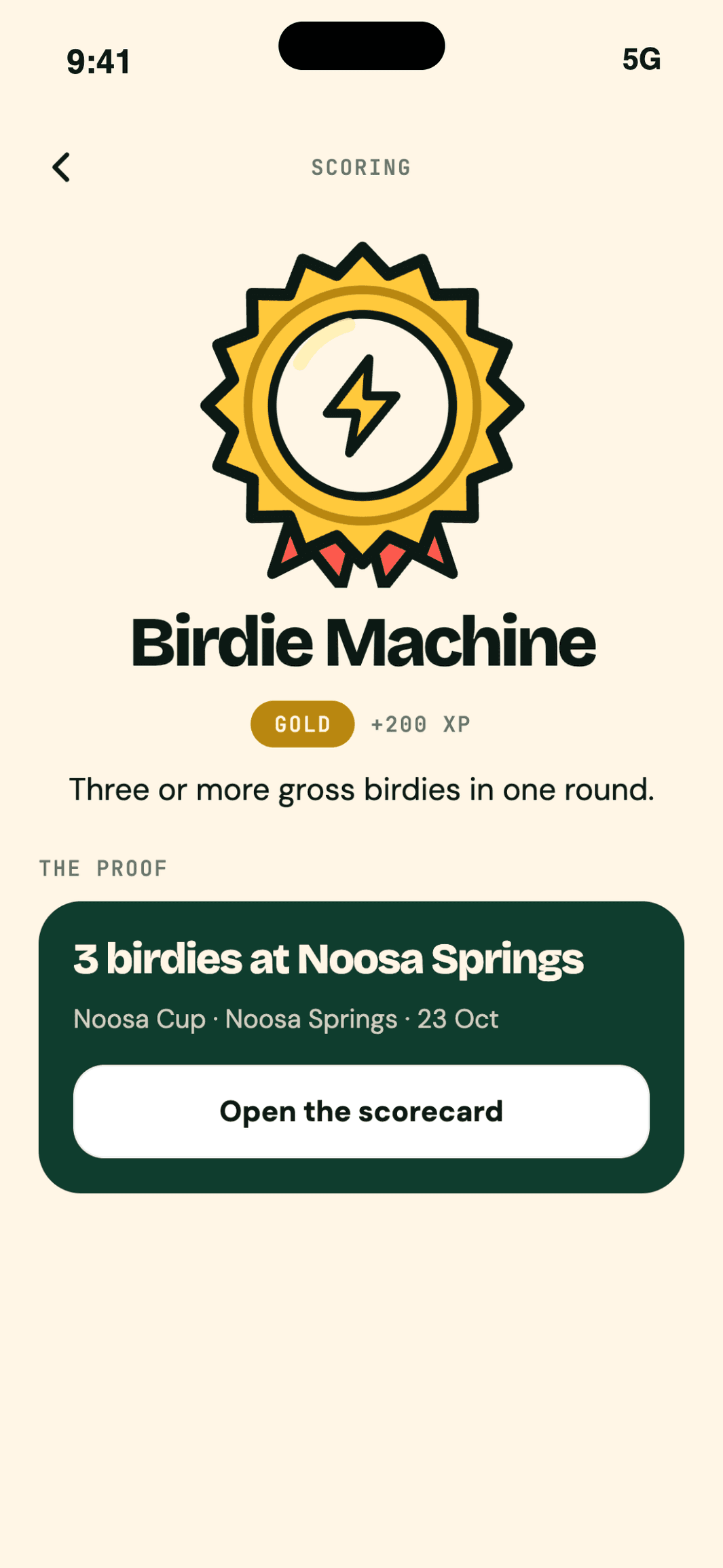 Birdie Machine, a gold badge worth 200 XP, with its proof: 3 birdies at Noosa Springs